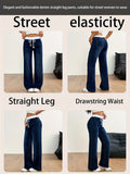 American Style New Light-Colored Women'S Elegant Casual Versatile High-Waisted Elastic Waist Drawstring Mid-High Elastic Trouser Legs Straight-Leg Jeans Women 12-18562 - Blue