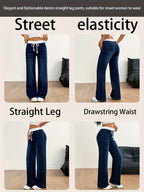 American Style New Light-Colored Women'S Elegant Casual Versatile High-Waisted Elastic Waist Drawstring Mid-High Elastic Trouser Legs Straight-Leg Jeans Women 12-18562 - Blue