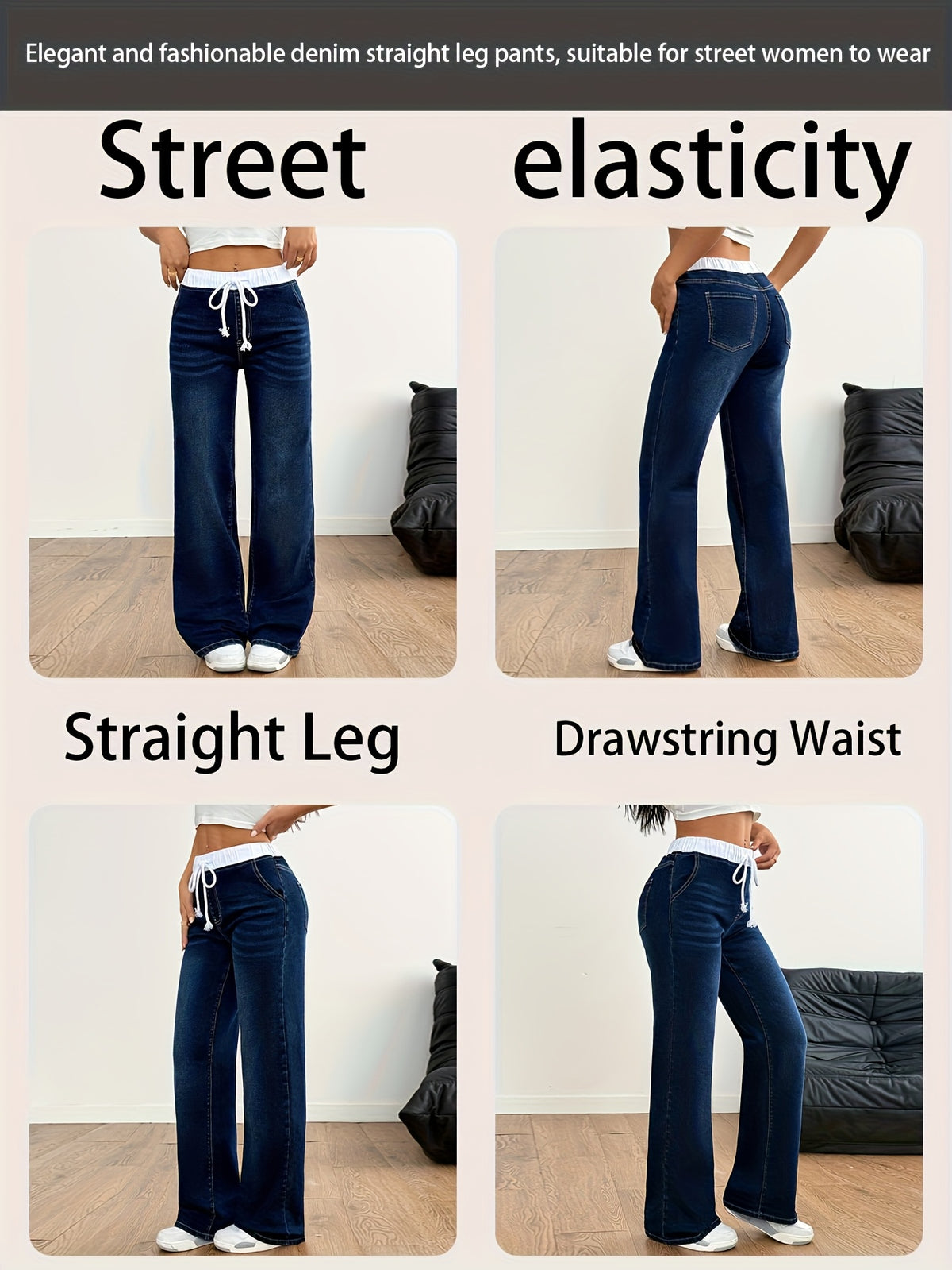 American Style New Light-Colored Women'S Elegant Casual Versatile High-Waisted Elastic Waist Drawstring Mid-High Elastic Trouser Legs Straight-Leg Jeans Women 12-18562 - Blue