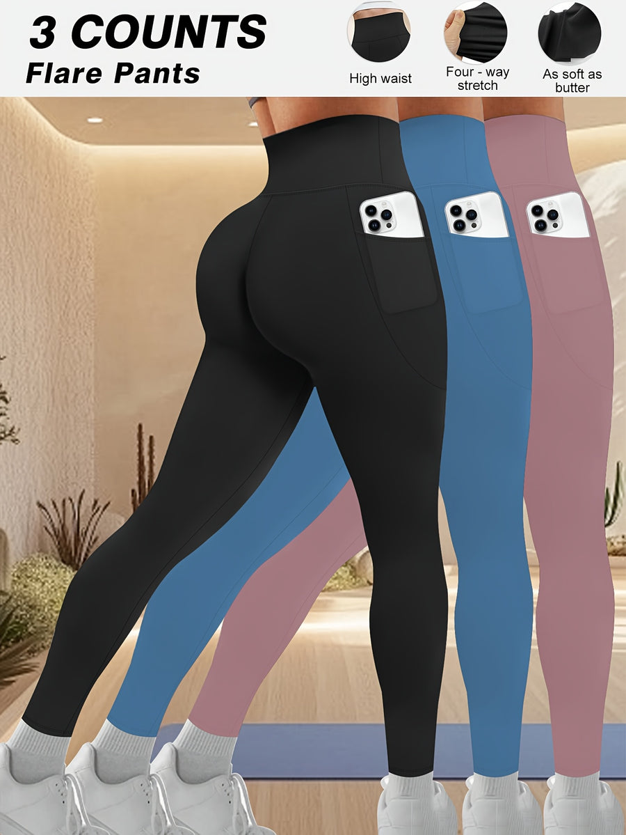 Plus Size - Plus Size - Set of 3 Plus-Size High-Waisted Tight Leggings for Women, Suitable for Outdoor And Workouts. The Fabric Is Highly Elastic, Providing Tummy Control And a Effect. Features Side Pockets for Phone Storage - 1 Black 1 Blue 1 Raspberry