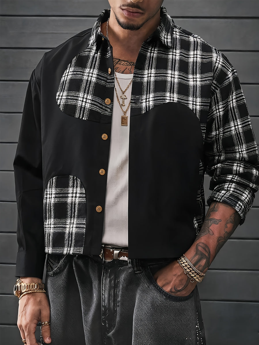Men's Spring/Autumn Vintage Black and White Checkered Patchwork Long-Sleeve Shirt, Niche Irregular Color-Block Design, Trendy Brand Loose Short Fashion Shirt, Suitable for Daily Casual, Commuting, and Travel - Black