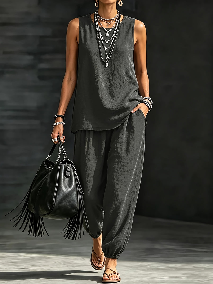Women's Casual Vacation Solid Color 2pcs Set: Round Neck Top + Loose Fit Cuffed Pants - Dark Gray