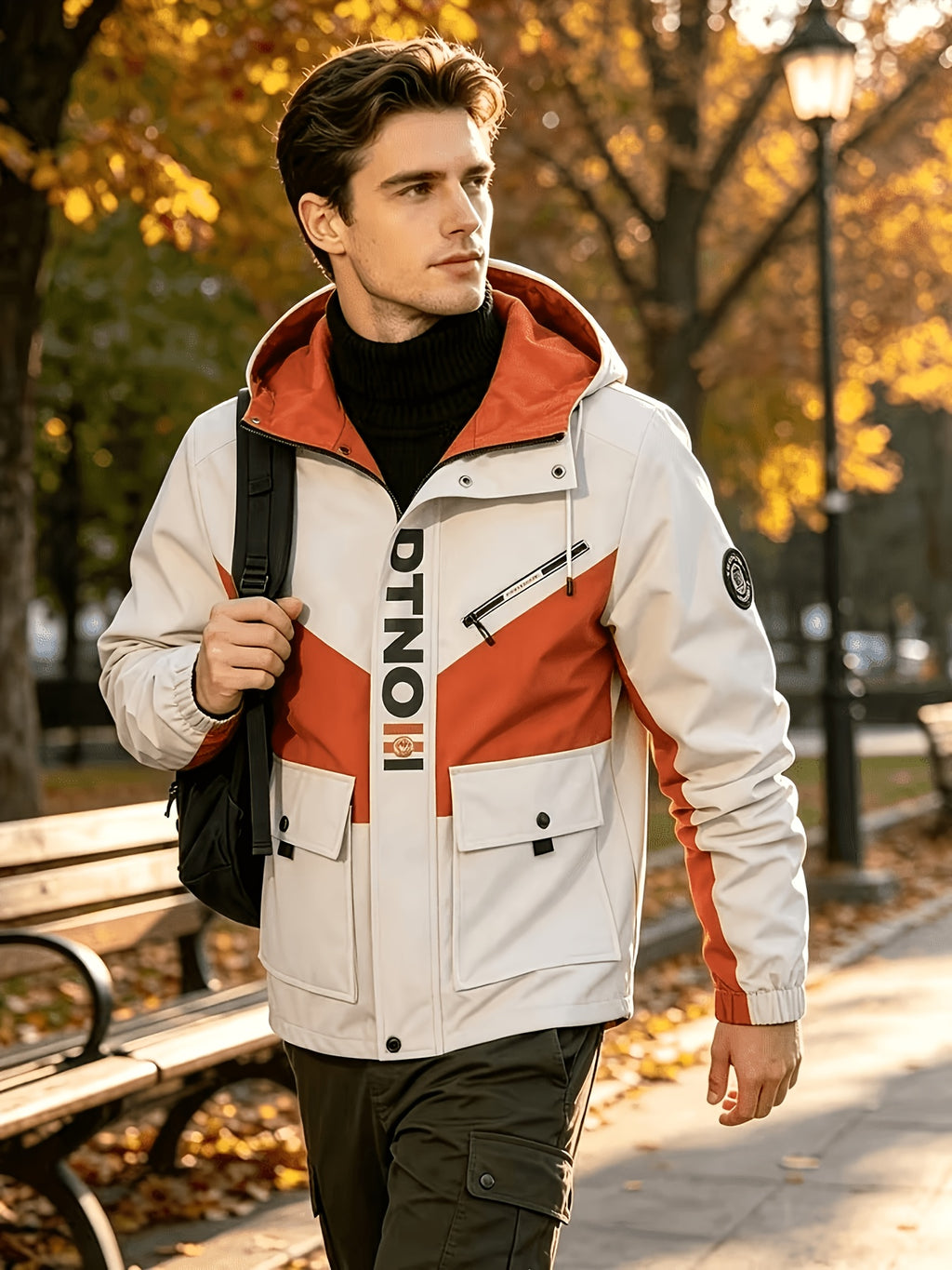 Men's Fashionable Casual Hooded Jacket, Multi Pocket Outdoor Fashion Design, Contrasting Color Design, Double Pocket - Spring and Autumn Casual Outdoor Letter Grid Jacket Thin Jacket - Ivory White