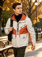 Men's Fashionable Casual Hooded Jacket, Multi Pocket Outdoor Fashion Design, Contrasting Color Design, Double Pocket - Spring and Autumn Casual Outdoor Letter Grid Jacket Thin Jacket - Ivory White