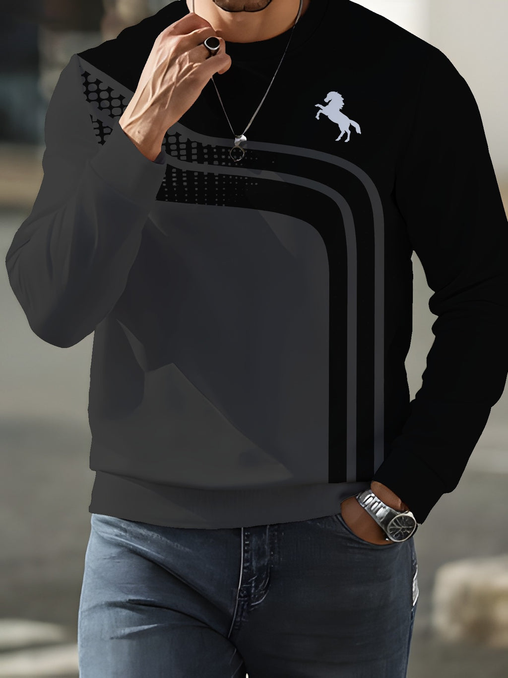 New Fashionable Trendy Crew Neck Long Sleeve Autumn/Winter Printed Crew Neck Sweatshirt Men's Top - Mixed colors