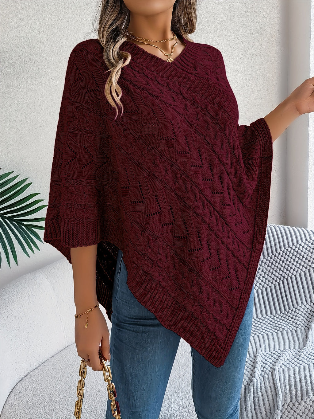 Elegant Solid Color V-Neck Cable Cape Sweater for Autumn And Winter Leisure - Burgundy