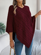 Elegant Solid Color V-Neck Cable Cape Sweater for Autumn And Winter Leisure - Burgundy