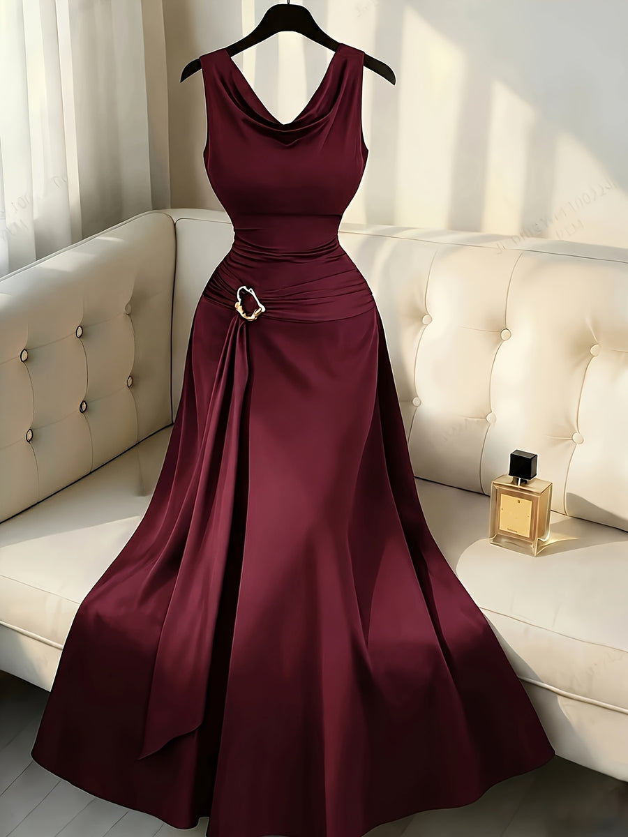 Sleeveless Puff Sleeve Dress Women'S Metallic Buckle Waist-Cinching Bodycon Skirt Elegant Temperament Evening Date Dress Long Dress - Burgundy