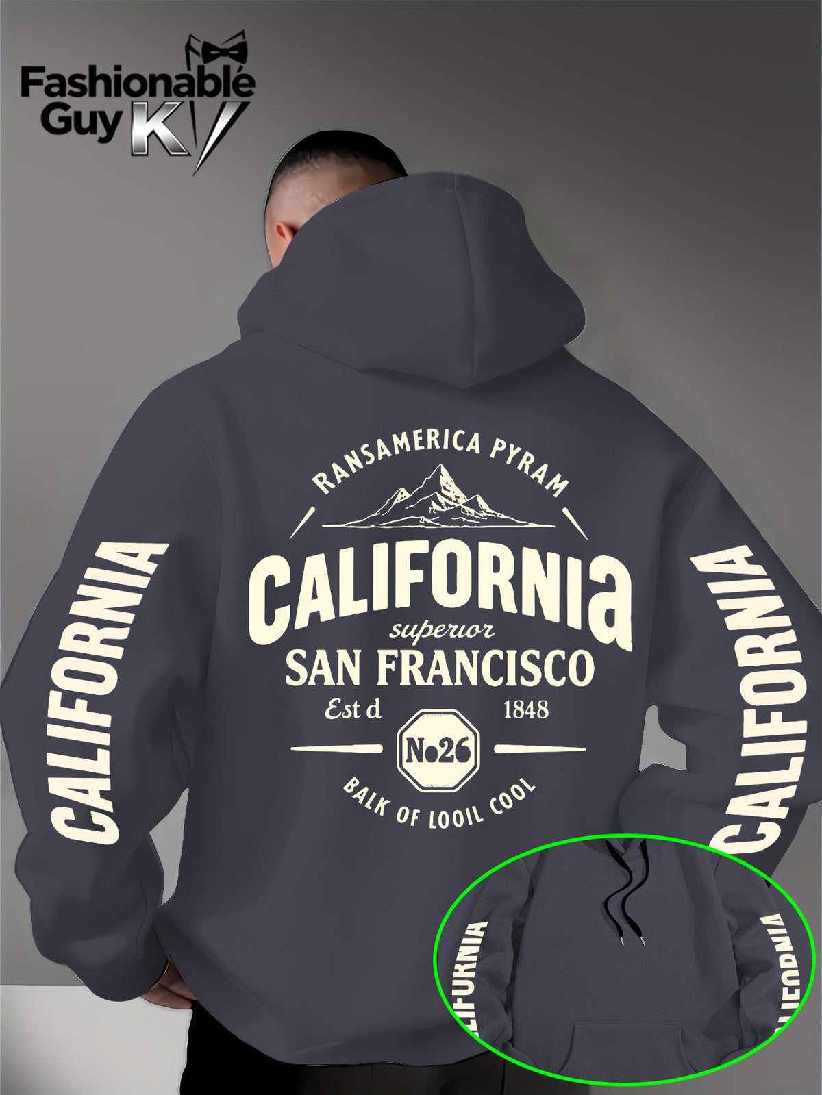 Hooded Sweatshirt with Street Culture Symbols: Featuring a "CALIFORNIA" Print That Embodies the Grandeur of the Wilderness and the Pioneering Spirit, This Sweatshirt Serves as an Exclusive Symbol for Street Culture Enthusiasts to Connect - Dark Gray