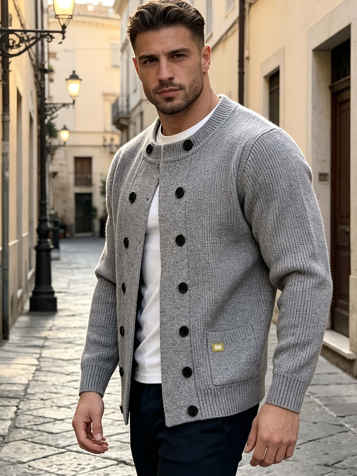 Autumn Winter Men'S Fashion Sweater Men'S Clothing Double-Breasted Knit Cardigan Top Casual Versatile Jacket - 10531-26311 Gray