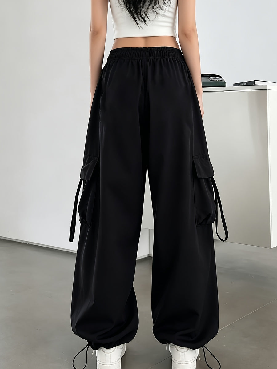 Vintage Spicy Workwear Cargo Pants for Women, Summer Lightweight Loose Fit Street Dance Hip-Hop Trendy Wide-Leg Pants, Made in China - Black