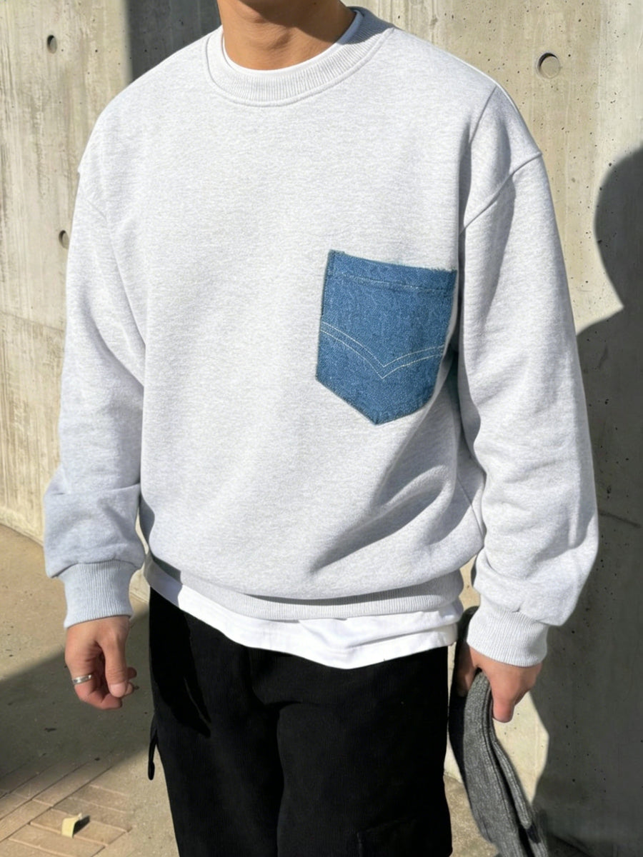 Black Crew Neck Sweatshirt with Faux Denim Patch Pockets, Perfect for Casual Everyday Wear - Light Grey