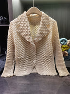 Women's Chevron Pleated Lapel Long Sleeve Cardigan, Oversized Lapel Single Breasted Buttons High Elastic Loose Versatile Commuter Pleated Jacket - Apricot