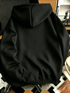 Men's Cursive Handwritten Horizontal Line Decorative Print Hooded Sweatshirt, Simple and Trendy Black Pullover Top for Men - Black