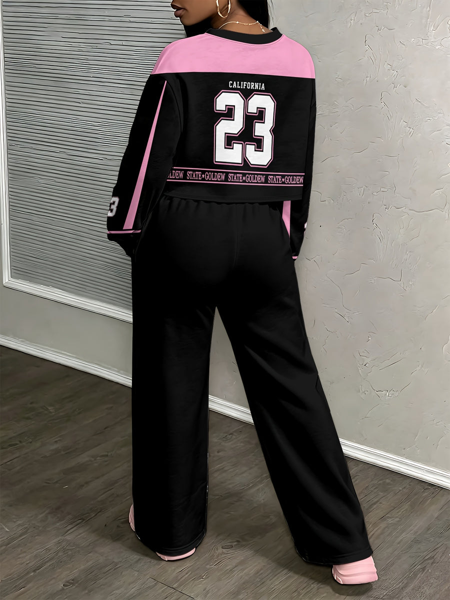 2pcs Women Y2K Sport Set, Pink Black Colorblock Crop Top + Wide Leg Sweatpants California 23 Letter Print Casual Tracksuit - Mixed colors