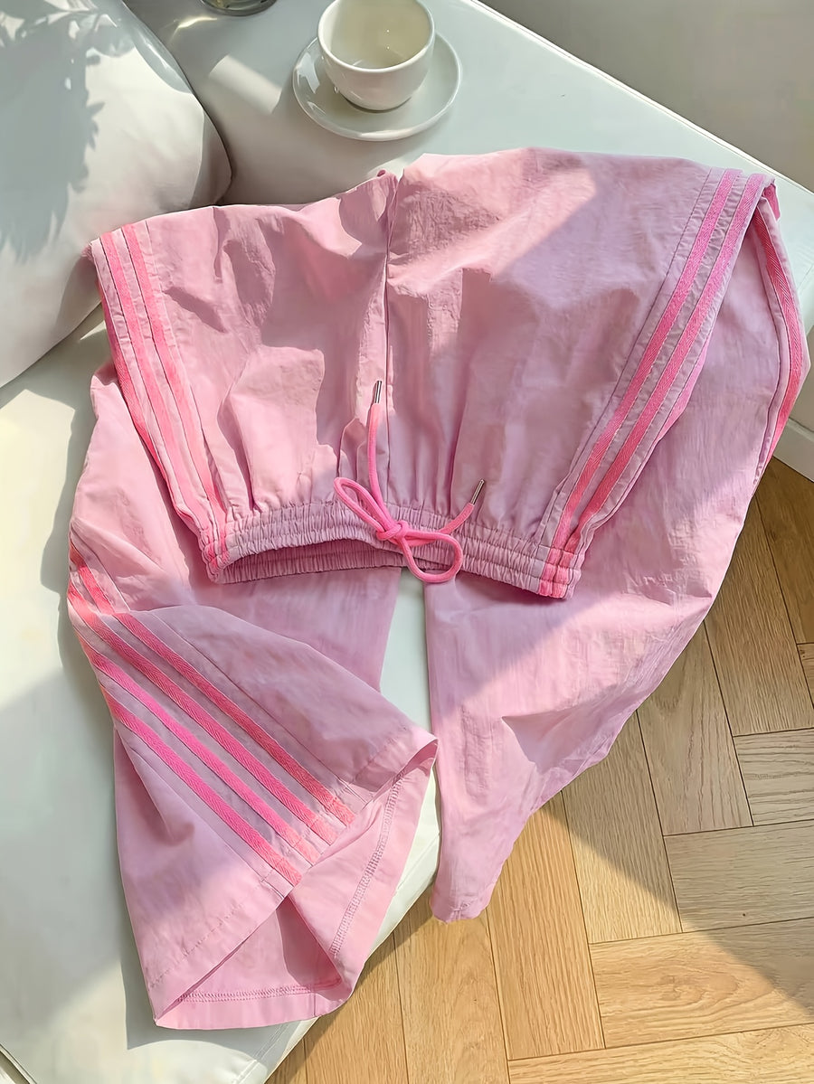 Reading Week Apparel, Back-to- Season, One Pair of 2026 Spring/Summer New Style Casual Sporty Fashionable Comfortable and Beautiful Women's Long Pants with Contrast Color and Drawstring Waist, Suitable as a Holiday Gift for Women's Clothing - Pink Color