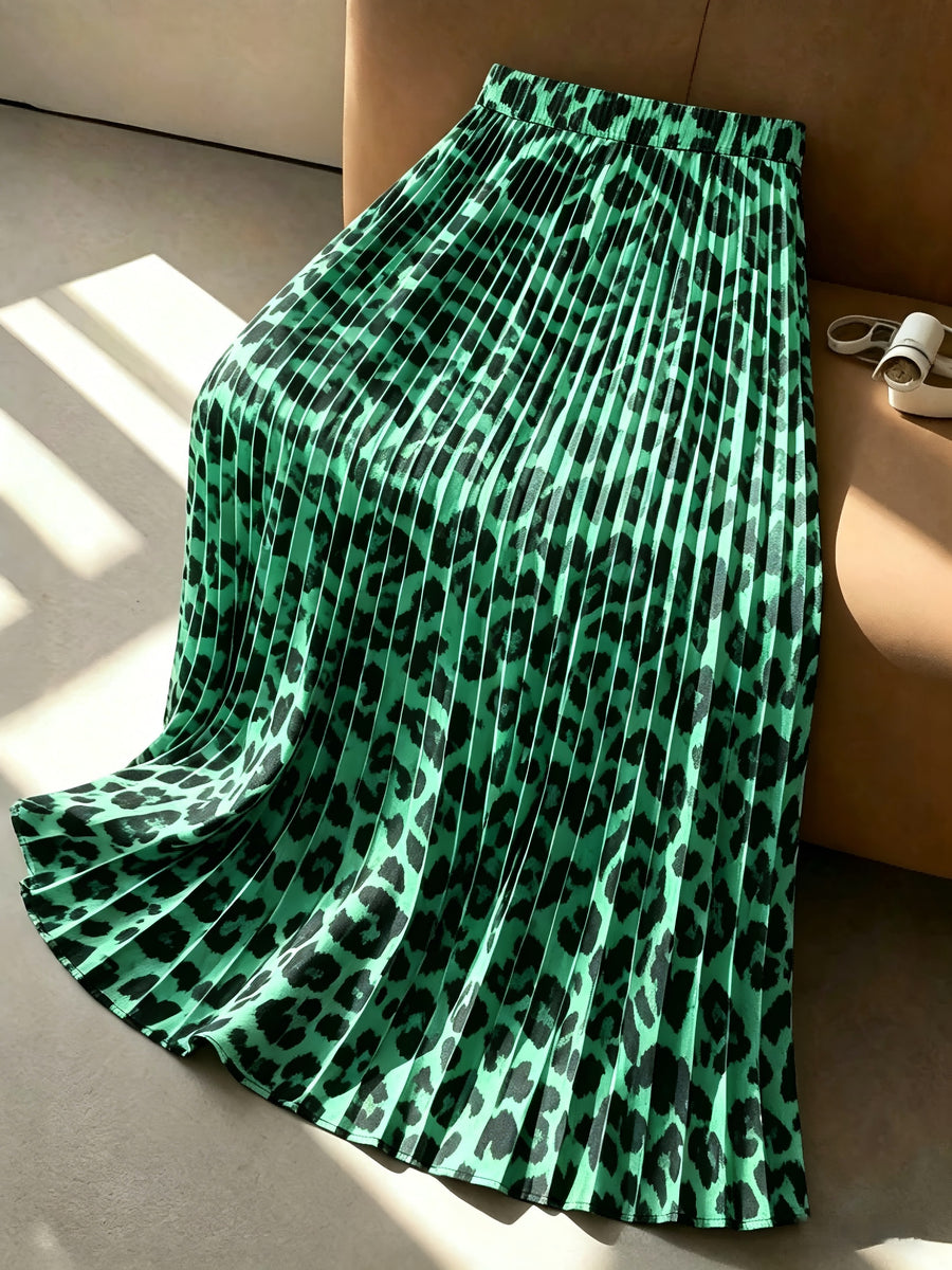 Women's Leopard Print Pleated A-Line Skirt with Elastic Waistband - Elastic Waistband Suitable for Spring, Summer, and Autumn, Machine Washable Non-sheer Skirt, Ideal for Both Casual and Formal Wear - Green