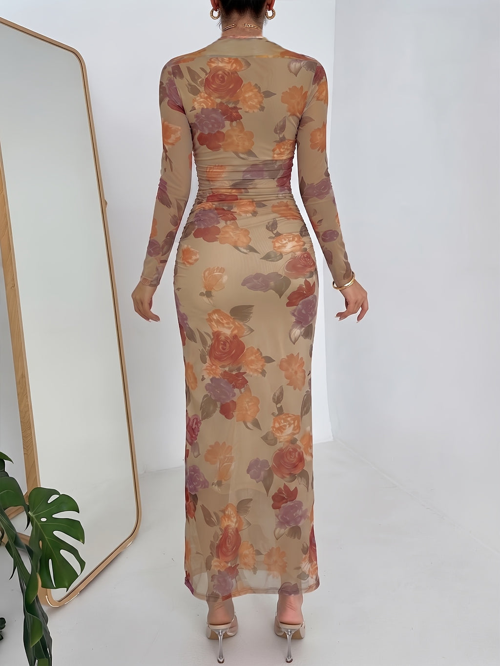 Elegant Women's Wedding Guest Party Dress, Floral Dress with Front Cross-Over Pleated Detail, Slimming Waist-Defining Gathered Long Sleeves, Spring/Autumn Maxi Dress - Mixed colors