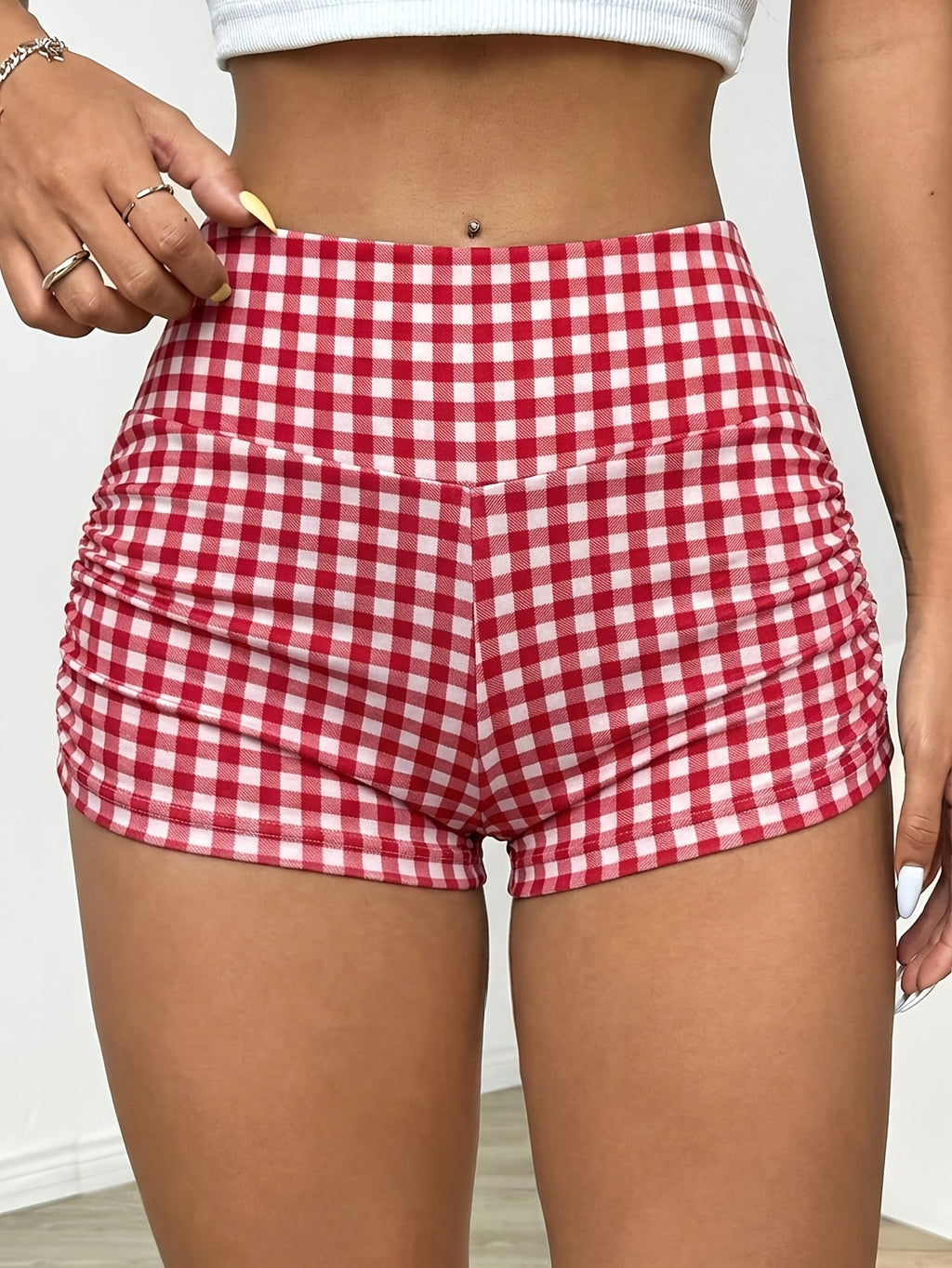 Women's Casual Minimalist Leggings, Red Plaid Print, Versatile Casual Outfit - Red