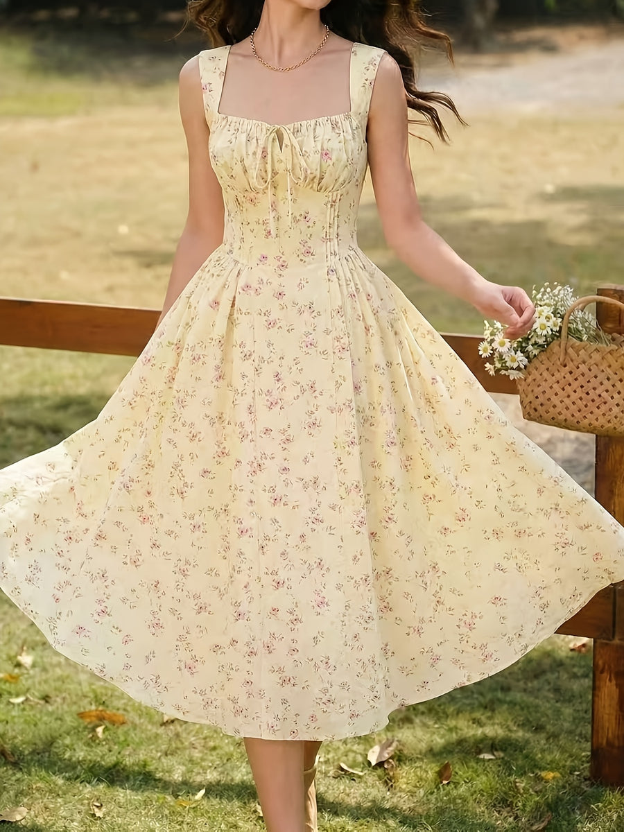 Ladies Fashion Casual Printed Dress with Tie Waist - Multicolor