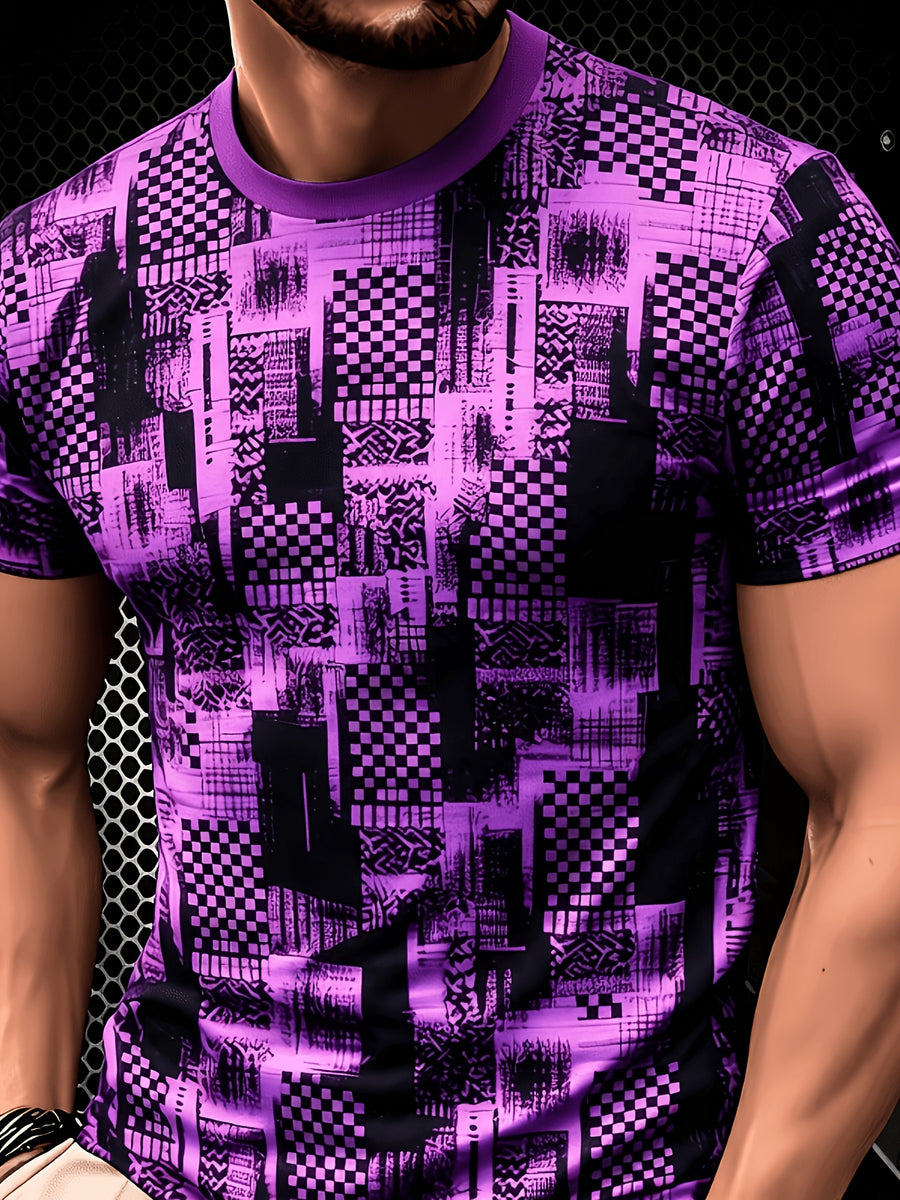 2026 Men'S All-Match Breathable Comfortable New Casual Top, Black Gray Blue Plaid Patchwork Print T-Shirt, Men'S Round Neck Short Sleeve Business Casual Top, Low-Key Premium, Plaid Patchwork, Abstract Lines, Dark Tone Texture, Daily Casual Wear - Style 13