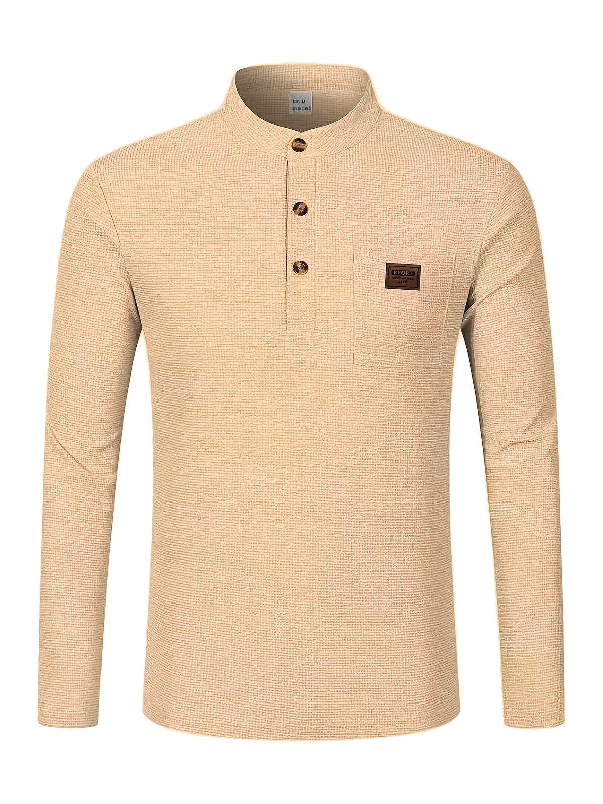 Josh Mei Selection: 2026 New Men's Stand Collar Waffle Texture Long Sleeve Shirt, Three-Button Half Open Lapel with Pocket, Lightweight and Comfortable Basic Top for Daily Outings - Khaki