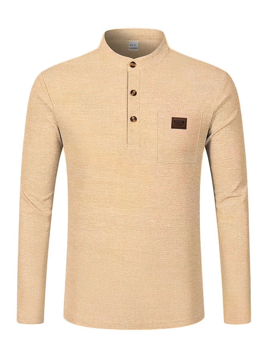 Josh Mei Selection: 2026 New Men's Stand Collar Waffle Texture Long Sleeve Shirt, Three-Button Half Open Lapel with Pocket, Lightweight and Comfortable Basic Top for Daily Outings - Khaki