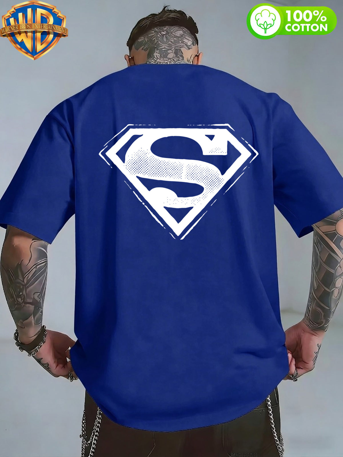 1pc WB Warner Bros. Official DC Superman Icon T-Shirt - Men's & Unisex Vintage Print, 100% Cotton Loose Fit Short Sleeve Tee with Superman, Casual Round Neck Shirt Suitable for Gym, Office, Daily Wear - Father's Day Gift for - Blue