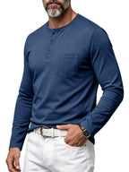 Vintage Men'S Henley Long Sleeve T-Shirt, Loose Stretch Lightweight Top with Pocket, Casual Daily Commute Shirts for All Seasons - Denim Blue