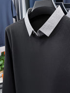 Men's Waffle 2-in-1 Look Long-Sleeve Sweatshirt, Loose Regular Fit, Commonly Worn by Middle-Aged Men, Suitable for Spring and Autumn, Can Be Worn Alone or as a Layering Piece - SINBOS - Black