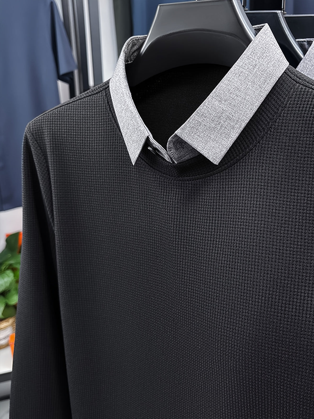 Men's Waffle 2-in-1 Look Long-Sleeve Sweatshirt, Loose Regular Fit, Commonly Worn by Middle-Aged Men, Suitable for Spring and Autumn, Can Be Worn Alone or as a Layering Piece - SINBOS - Black