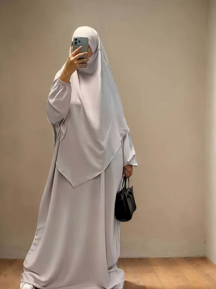 Two-Pieces Set (Khimar And Abaya) Prayer Jilbab Outfit for Muslim Women, Stylish And Elegant, Features a Solid Color, Easy Single-Layer Headscarf Khimar. Ideal for Everyday Wear, Festivals, Gatherings, And Outdoor Events. Women'S Islamic - Granny Gray