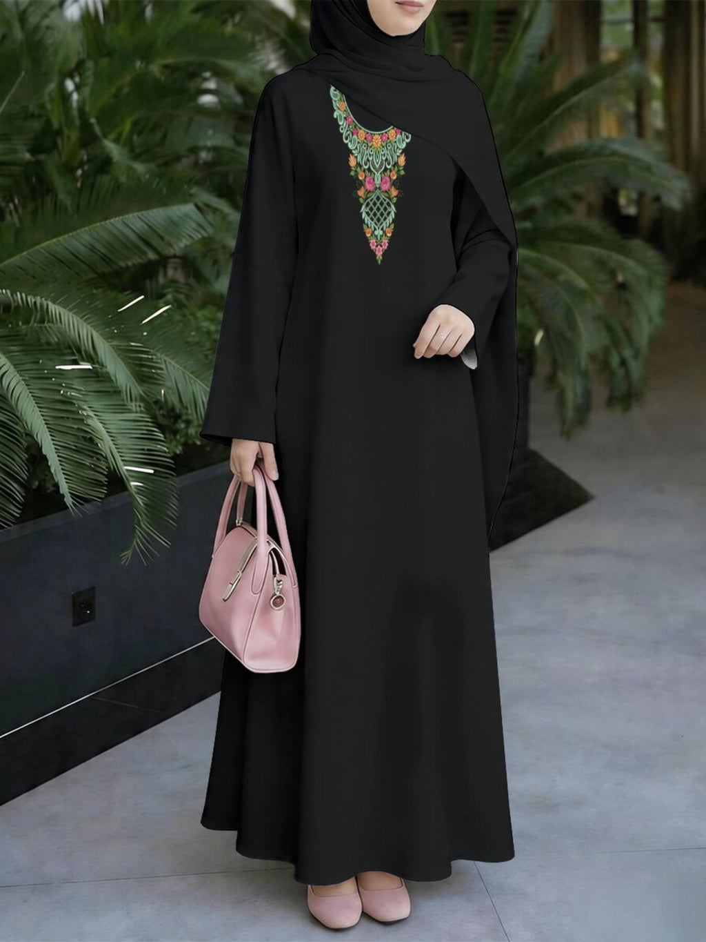 Muslim Women's Dress, Loose Fit Traditional Middle Eastern Robe, Intricately Crafted Elegant Muslim Long Dress, Straight Cut Long Sleeve Abaya, Solid Color Dress with Colorful Ethnic Print Neckline Decoration, Headscarf Not Included - Mixed colors