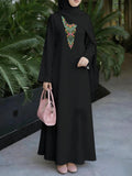 Muslim Women's Dress, Loose Fit Traditional Middle Eastern Robe, Intricately Crafted Elegant Muslim Long Dress, Straight Cut Long Sleeve Abaya, Solid Color Dress with Colorful Ethnic Print Neckline Decoration, Headscarf Not Included - Mixed colors
