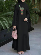Muslim Women's Dress, Loose Fit Traditional Middle Eastern Robe, Intricately Crafted Elegant Muslim Long Dress, Straight Cut Long Sleeve Abaya, Solid Color Dress with Colorful Ethnic Print Neckline Decoration, Headscarf Not Included - Mixed colors