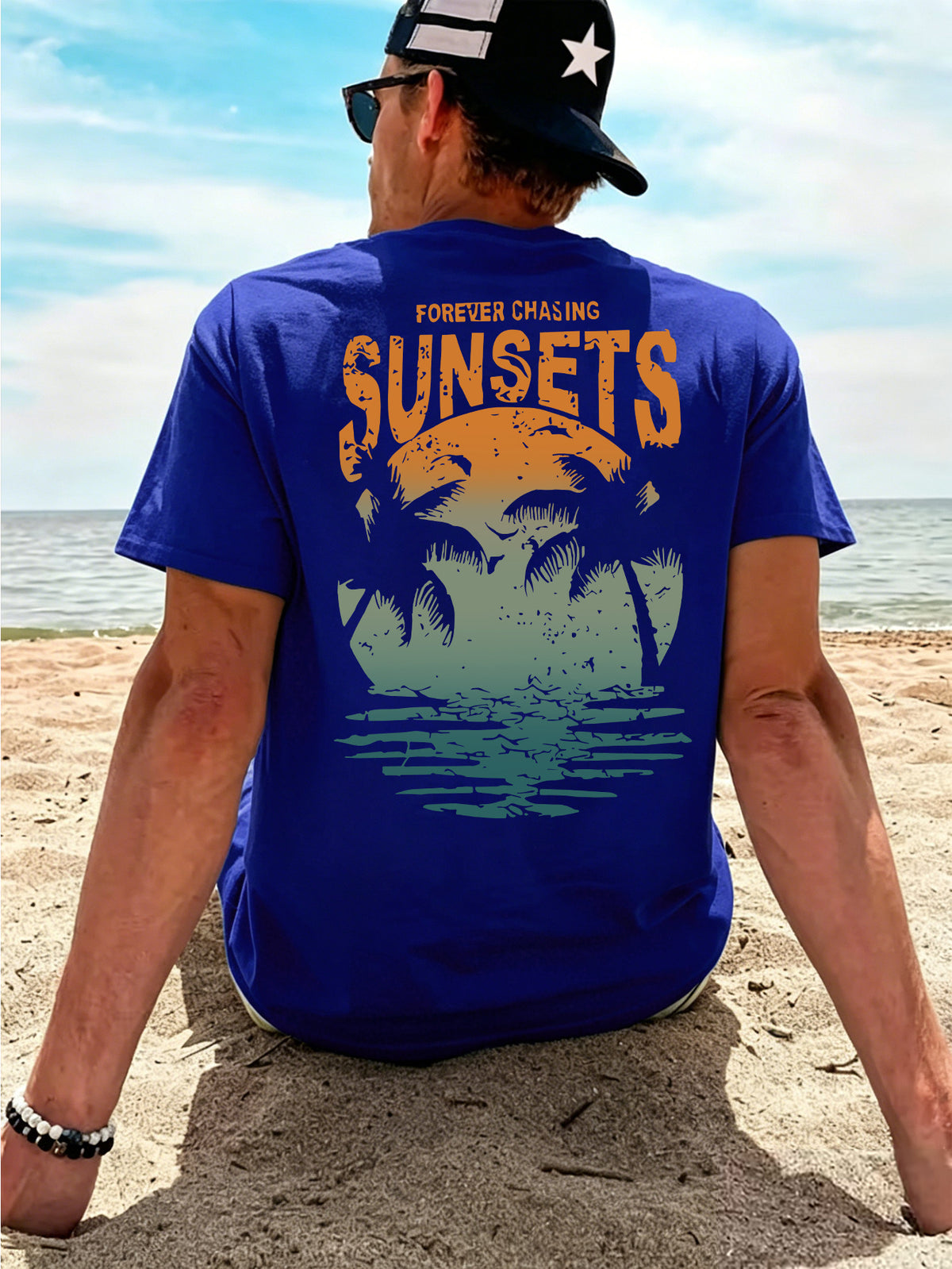 Men'S 100% T-Shirt, Orange-Green Gradient Vintage SUNSETS Coconut Tree Reflection Front And Back Print Design, Casual Trendy Streetwear Sports Short-Sleeve T-Shirt Summer New Arrival, Round Neck Short-Sleeve Summer Top, Casual Street Style - Royal Blue