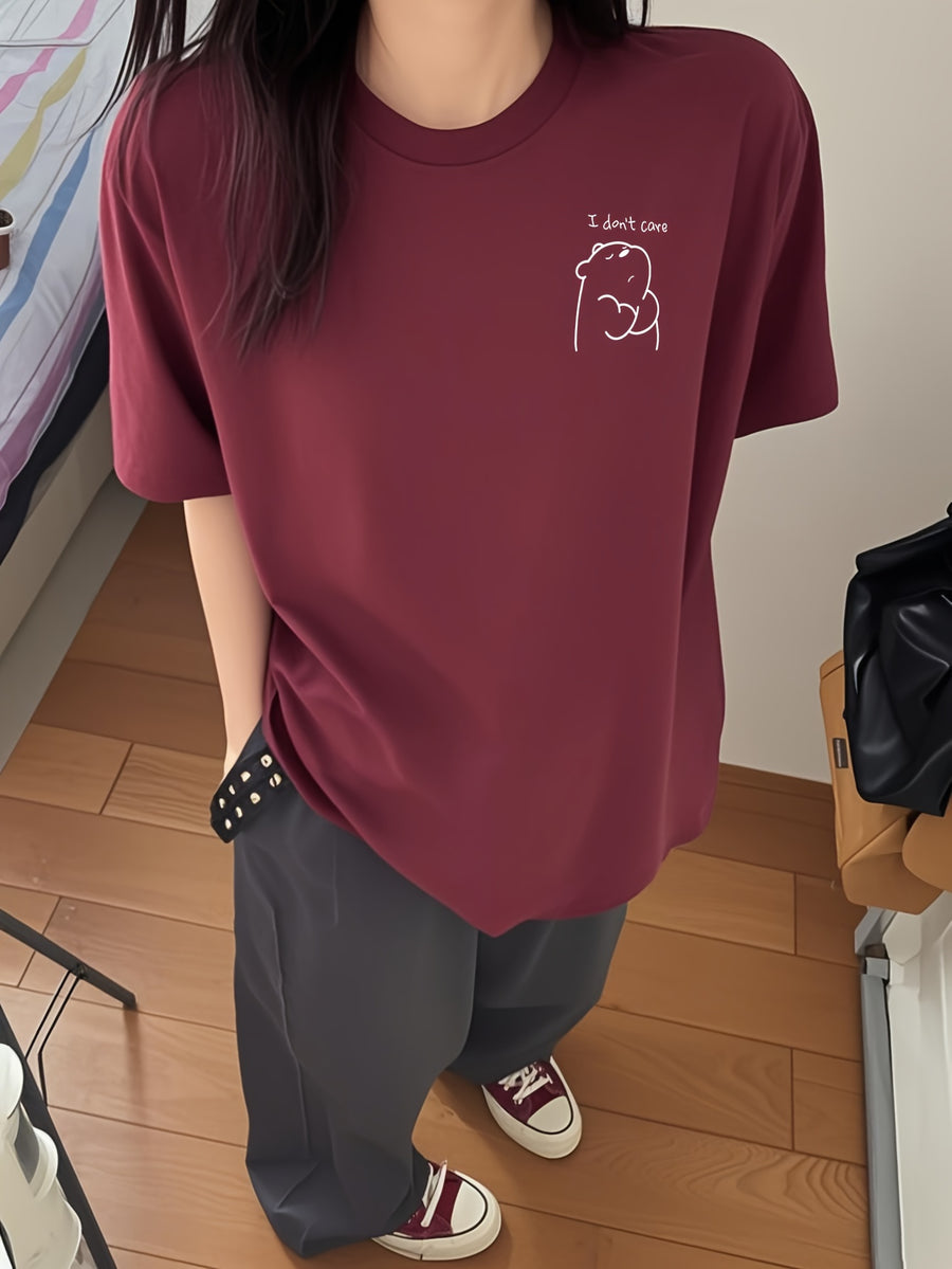 Women's Short-Sleeve T-Shirt, Summer Designer Cartoon Print Short-Sleeve T-Shirt, Pure Short-Sleeve T-Shirt Top, Base Layer Top #3333 - Burgundy