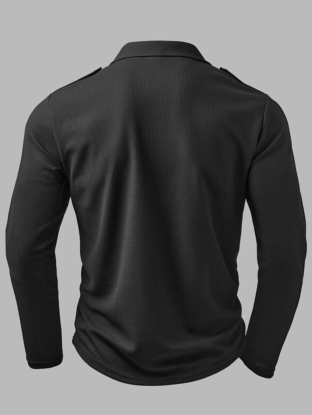 Men'S Fashion Top, Autumn Outdoor Casual Textured Waffle Fabric, Solid Color Lapel Pocket Patchwork Single Button Long Sleeve Men'S Polo Shirt - Black