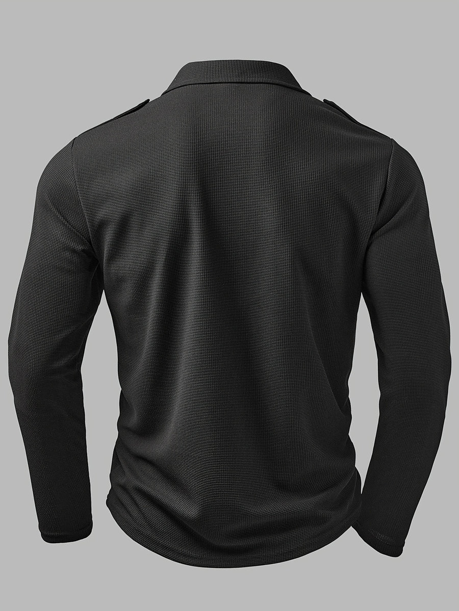 Men'S Fashion Top, Autumn Outdoor Casual Textured Waffle Fabric, Solid Color Lapel Pocket Patchwork Single Button Long Sleeve Men'S Polo Shirt - Black