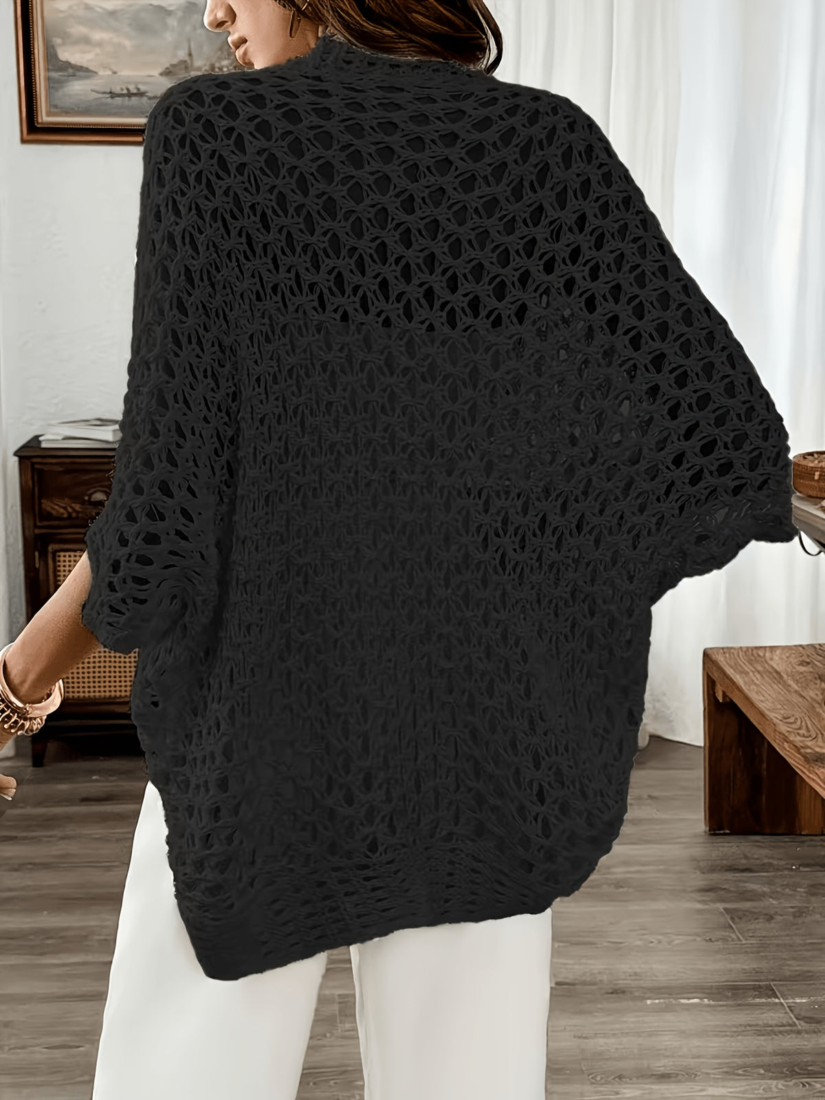 Spring And Summer Elegance Women'S Batwing Sleeve Loose Hollow Cardigan - Black