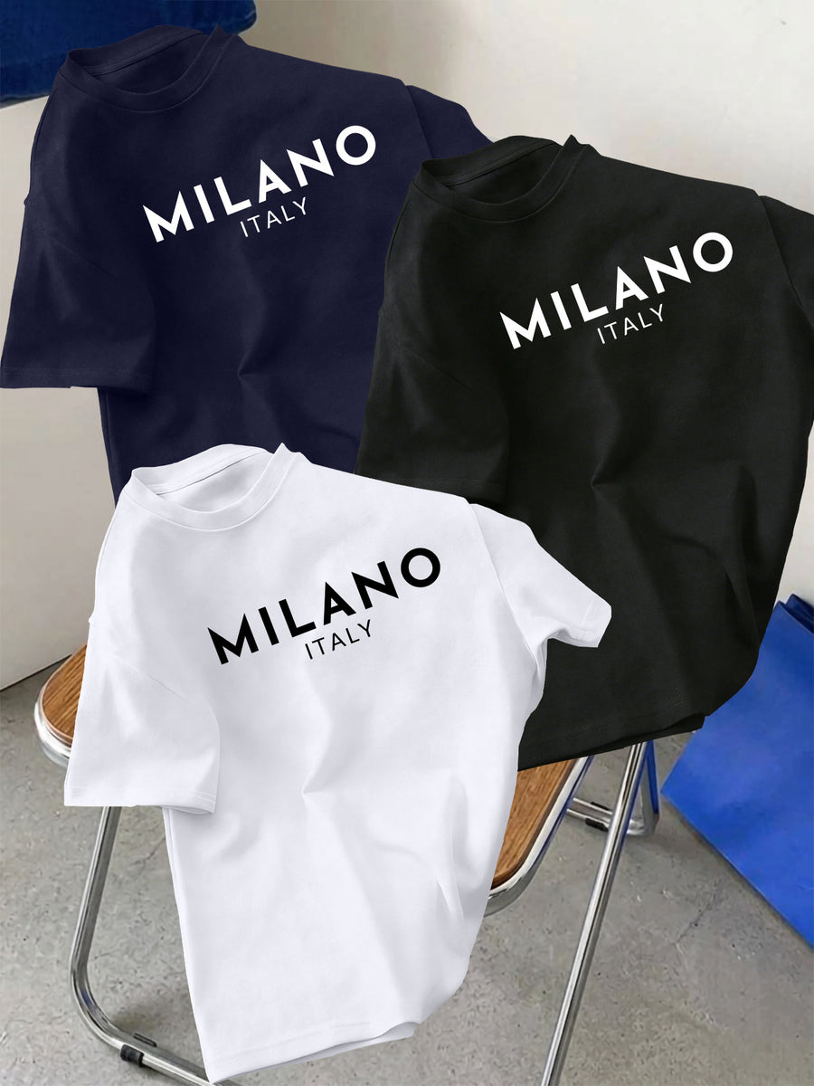 3pcs Set Men's Pure Cotton Short-Sleeve Crew Neck T-Shirt with Milan, Italy Pattern, Suitable for Daily Casual Wear, Comfortable, Soft, Breathable, Summer Essential - White+Black+Navy