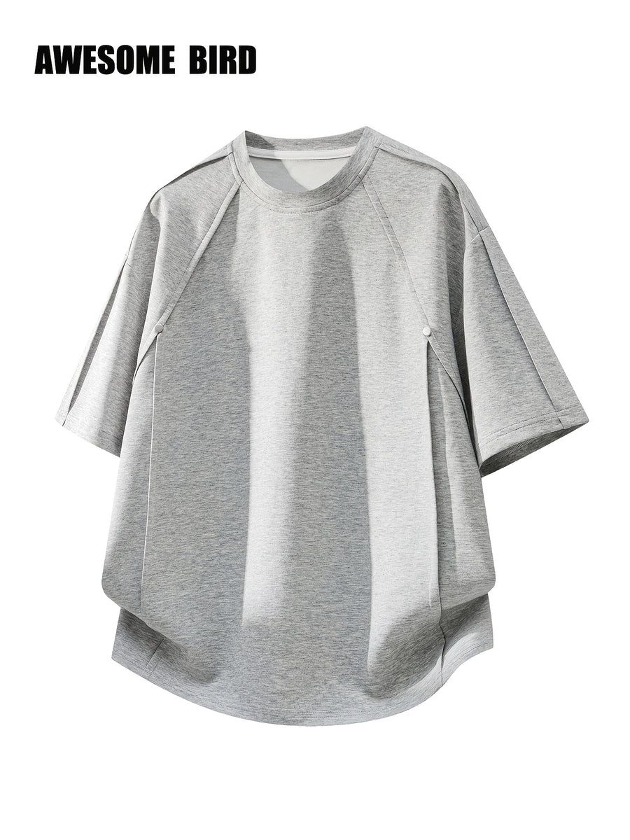 American-style Heavyweight Deconstructed Rivet-Patch Short-Sleeve T-Shirt for Men, Summer Lightweight Fiber Fabric Quick-Dry Loose Fit Tee - Grey