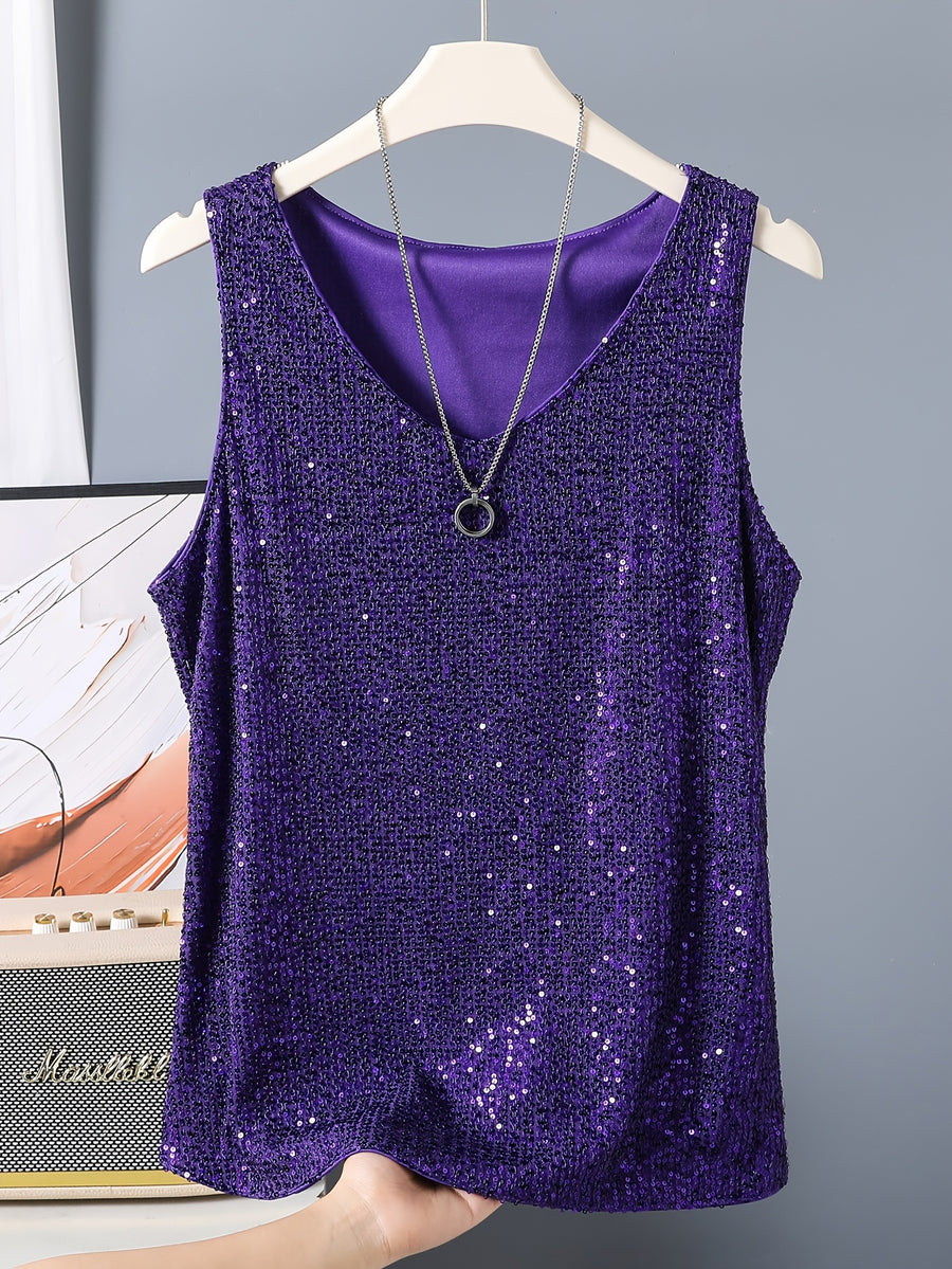 Sequin V-neck Vest, Elegant and Sexy Sleeveless Top, Suitable for Summer and Spring, Women's Clothing - Deep Purple