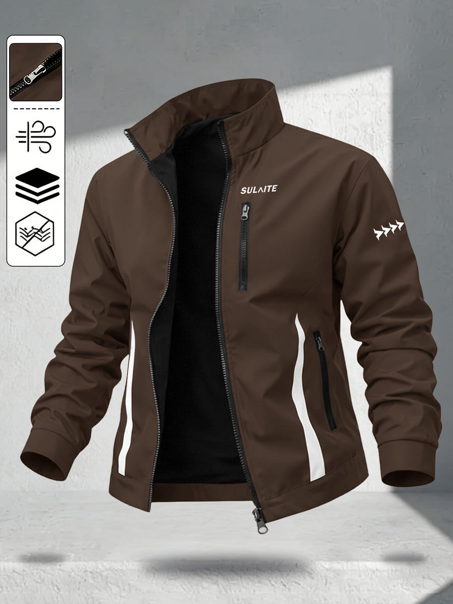 Trendy Vintage Men's Spring/Autumn New Casual Versatile Jacket Outdoor Sports Windproof Coat with Contrasting Color Stand Collar, Transitional Layering Essentials - Coffee Color