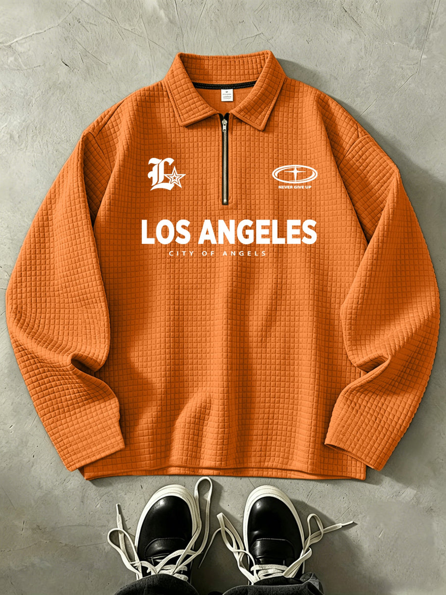 LOS ANGELES Men'S Half-Zip Fashion Waffle Texture Autumn Winter Casual Athletic POLO Shirt Sweatshirt, Street Style Versatile Trendy Long Sleeve Top - Orange