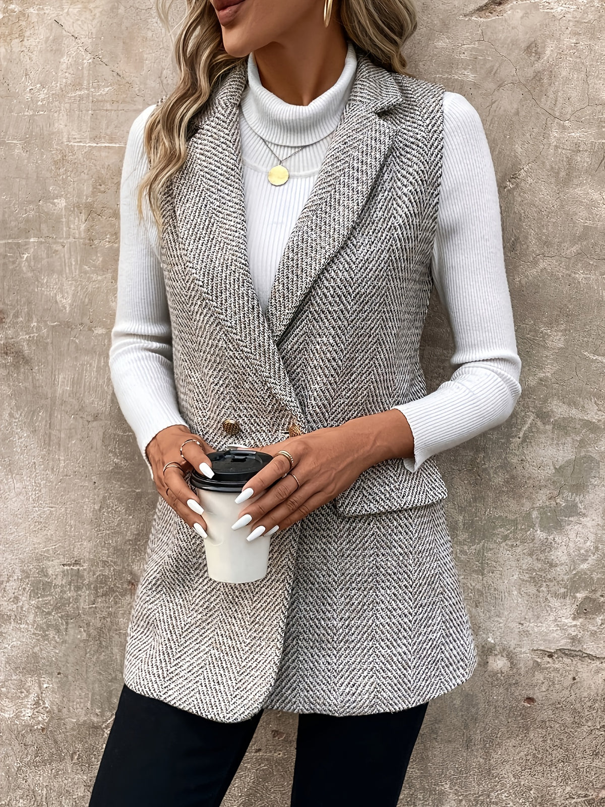 Autumn-Winter European Style Women's Solid Color Double-Breasted Lapel Sleeveless Vest Coat - Space Gray