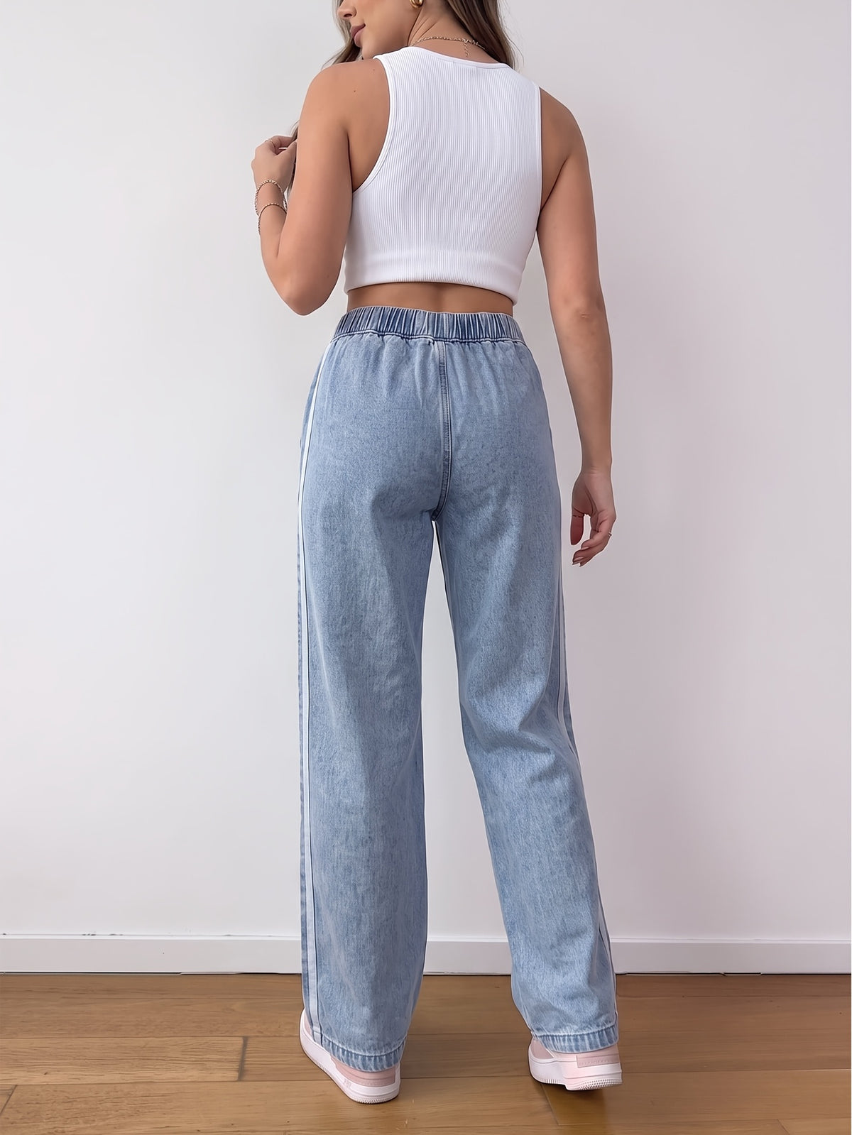 Light Blue Washed Wide-leg Jeans for Women with Elastic Drawstring Waist, Side Stripe Design, Loose Drape, and Casual Straight-leg Trousers - Light Blue