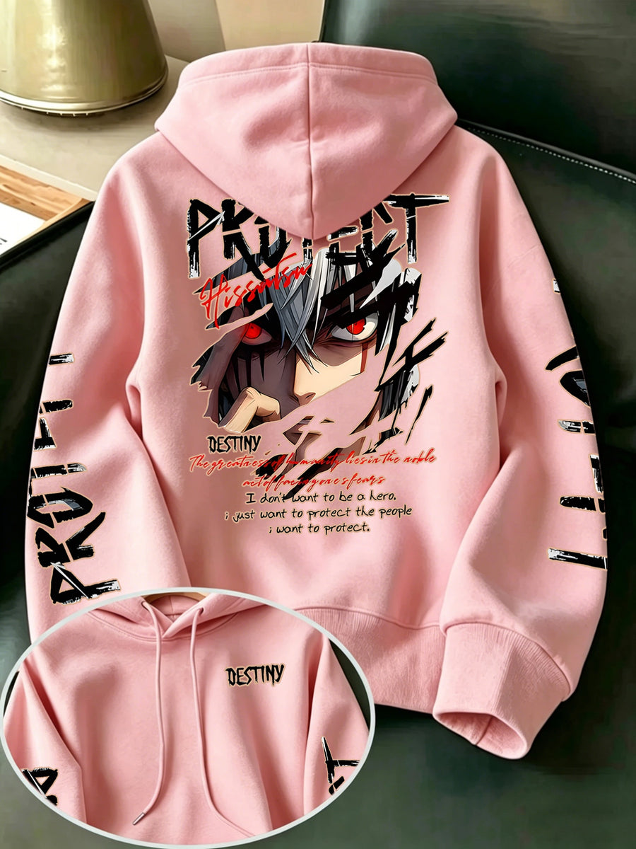 Limited-Time Special Offer: Single-pc Unisex Black Knitted Hooded Sweatshirt with Anime Boy Portrait Graffiti and English Print, Trendy Cool Anime-Style Loose Drop-Shoulder Hoodie for Spring/Autumn, Casual Wear for Outings and Gatherings - Pink Color