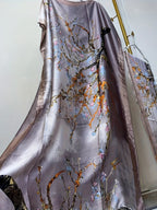 Tree Print Crew Neck Kaftan Dress, Elegant Batwing Sleeve Loose Fit Maxi Dress with A Hijab, Women's Clothing - Light Purple