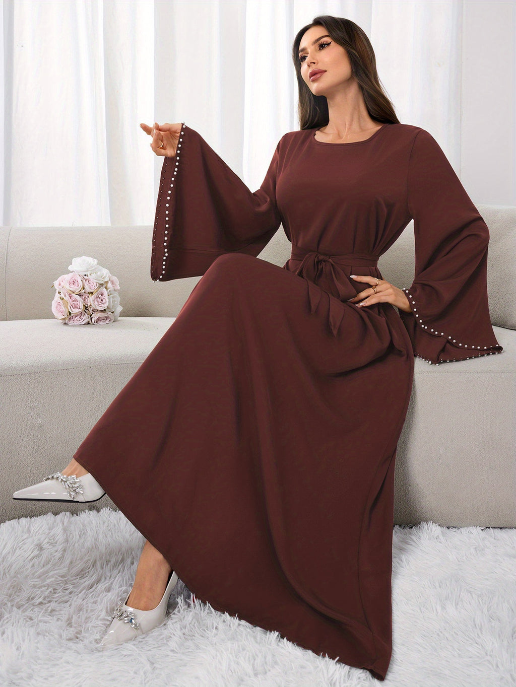 1pc Slim-fit Stretch Abaya Sleeve Front Zipper A-line AbayaElegant Flowing Muslim Robe Convenient Daily Islamic Women's WearStretch Sleeve Front Zipper AbayaSuitable for Daily Commuting, Gatherings with Family Friends, and Islamic Festive Occasions - Coffee Color